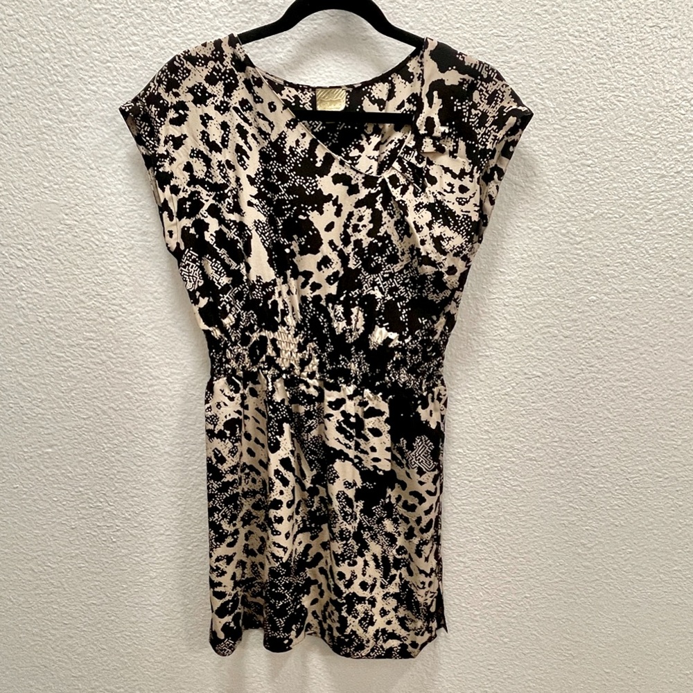 Postella Tan and Black Animal Print Asymmetric Neck Short-sleeved Dress